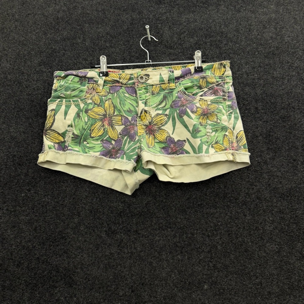 Almost Famous Tropical Floral Denim Shorts Green Yellow Purple Distressed 2in